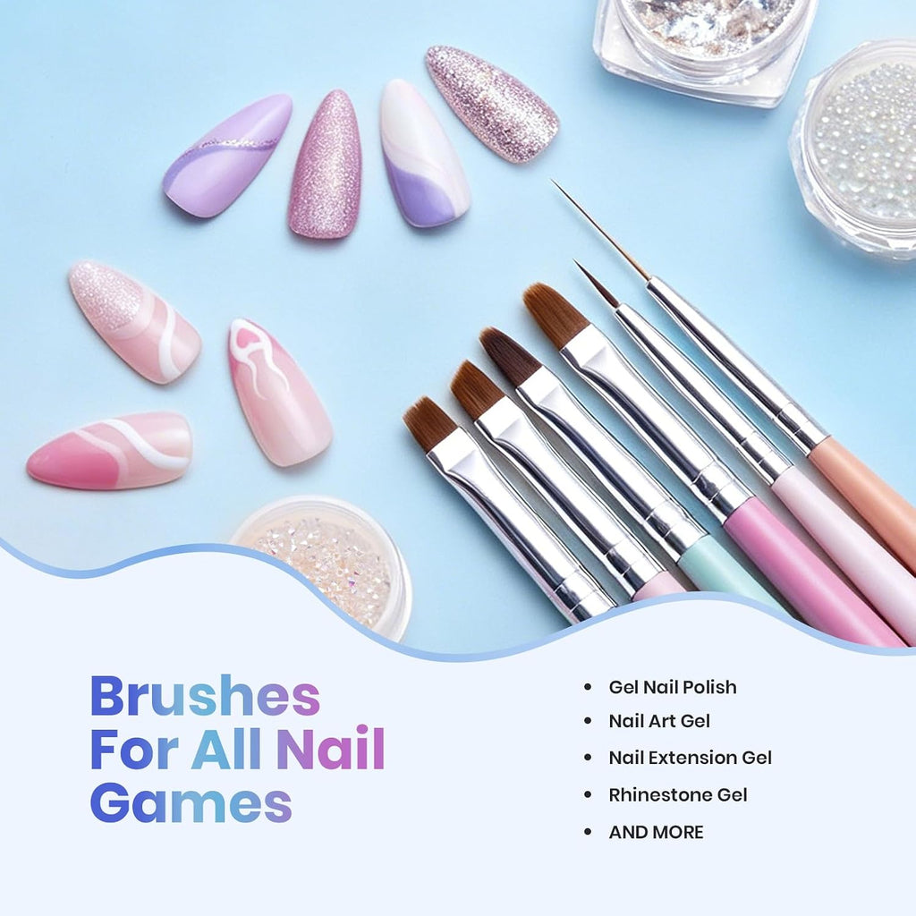 Beetles Gel Polish Nail Art Brushes, 6 Pcs Fingernail Art Design Pens | Wood Alloy Handle, Dotting Pen Clean up Liner French Nail Brush Set, DIY Manicure Tools Gift for Women