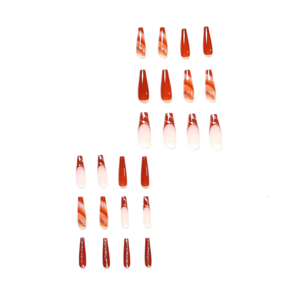 Press on False Nails Full Cover Glue Stick on Fake Nails - Long Coffin, Brown Fall Acrylic, 24Pcs, Bling Glossy Manicure for Women and Girls
