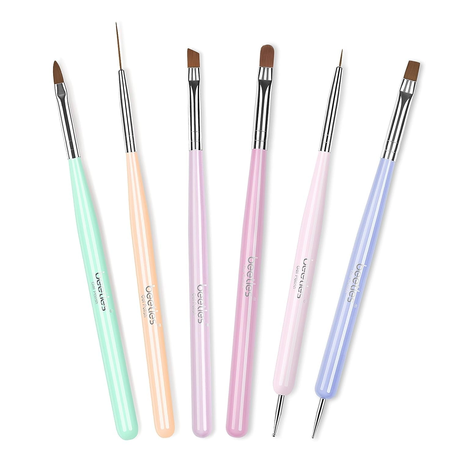 Beetles Gel Polish Nail Art Brushes, 6 Pcs Fingernail Art Design Pens | Wood Alloy Handle, Dotting Pen Clean up Liner French Nail Brush Set, DIY Manicure Tools Gift for Women
