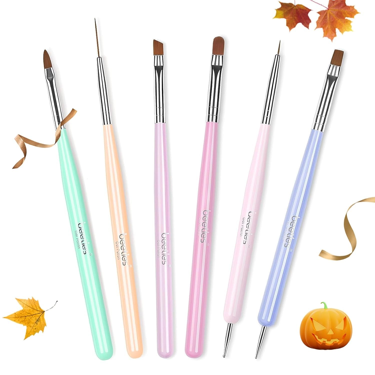 Beetles Gel Polish Nail Art Brushes, 6 Pcs Fingernail Art Design Pens | Wood Alloy Handle, Dotting Pen Clean up Liner French Nail Brush Set, DIY Manicure Tools Gift for Women