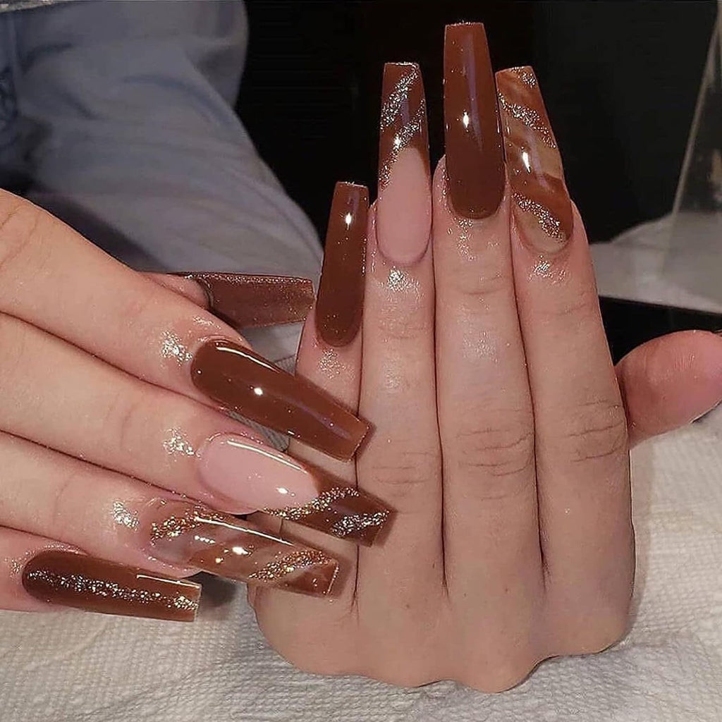Press on False Nails Full Cover Glue Stick on Fake Nails - Long Coffin, Brown Fall Acrylic, 24Pcs, Bling Glossy Manicure for Women and Girls
